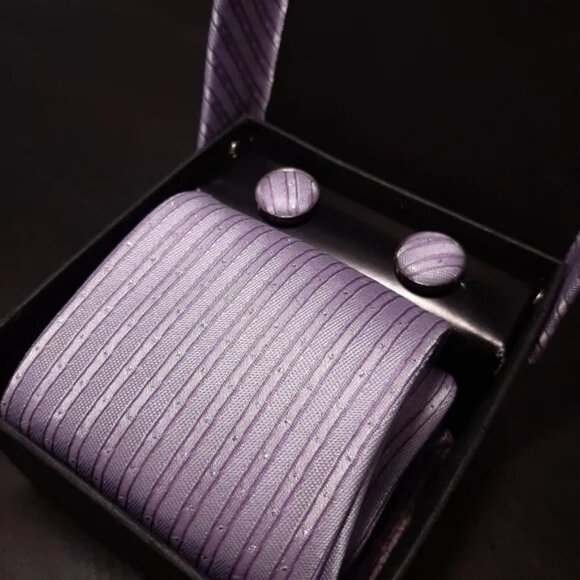 NEW 3-Pc Boxed Gift Tie Set Coordinated Print Cuff Links Hankerchief Hand Sewn - Picture 3 of 4